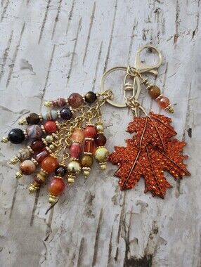 Autumn Leaf Purse Charm or Keychain Fire Agate Jasper Carnelian Handcrafted